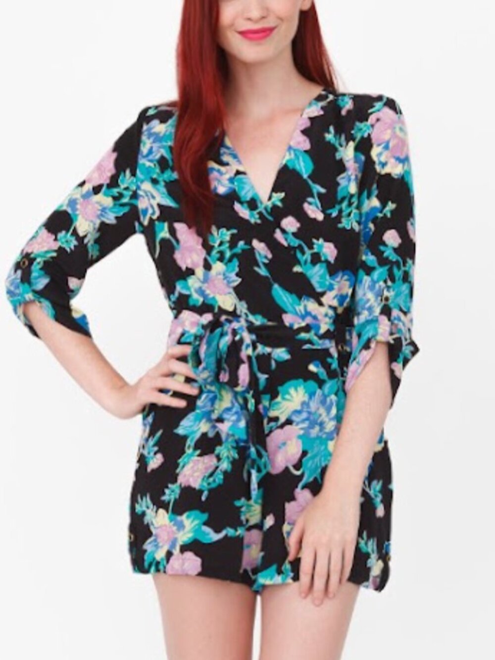 Yumi Kim Silk Teal Lilac Floral Long Sleeve Belted Liz Romper - Size M